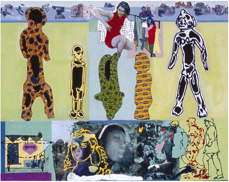 Gérard Guyomard, De la rue Montorgueil à Ouaga, 2004. 91 x 116 cm. Acrylique sur contre plaqué.