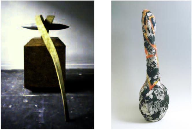 Ivan Messac, Sculpture carton, 1986. 110 x 240 x 70 cm, collection du FNAC. _ Ivan Messac, Carciofo morbido, 2002. 97 x 25 x 30 cm. Tissu.